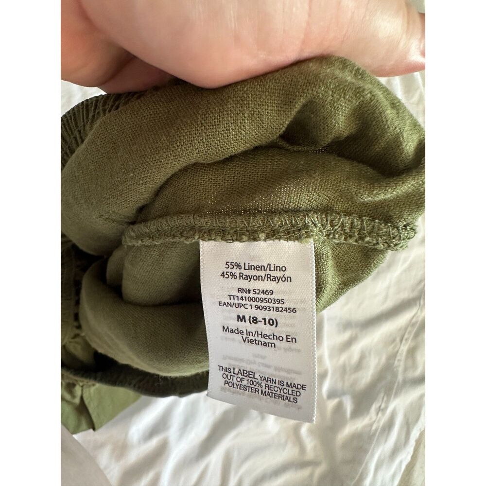 Time and Tru Linen Blend Pants Women M Olive Green Pull On Wide Leg Casual Boho - Picture 4 of 9